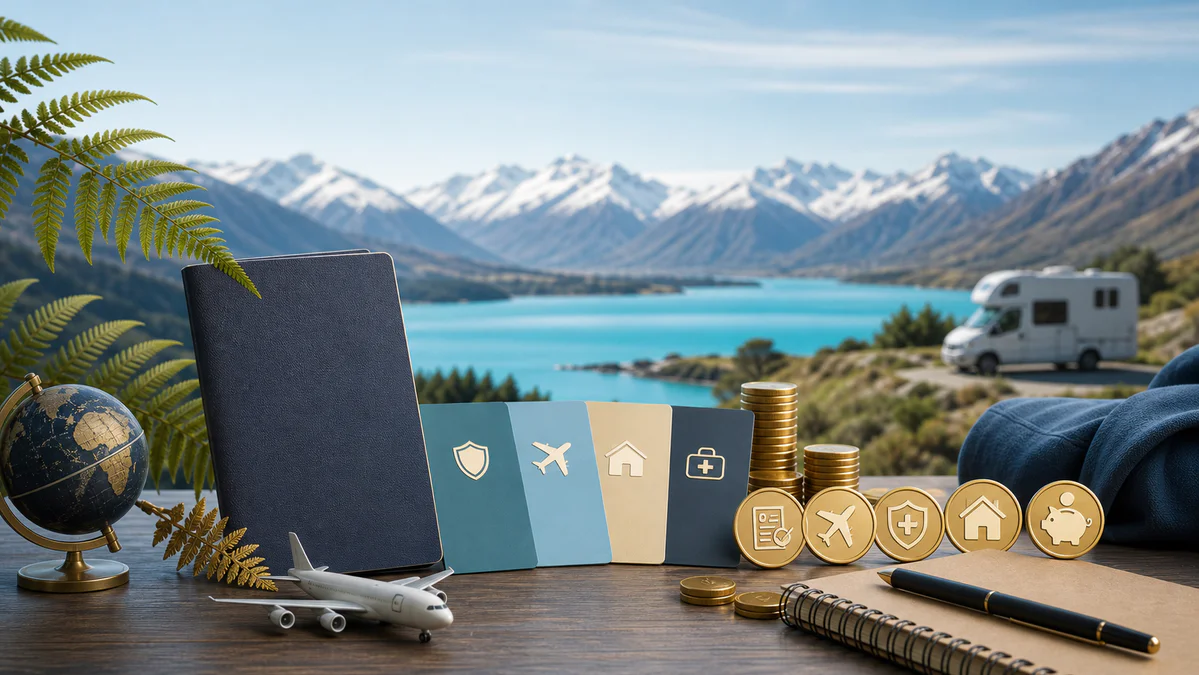 Illustration of a New Zealand working holiday budget combining a passport, abstract travel expenses and a scenic mountain lan