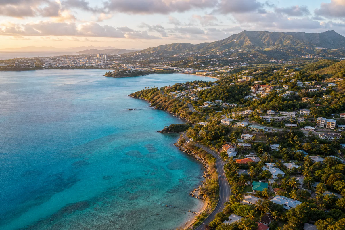 Vue aérienne du littoral de Nouméa en Nouvelle-Calédonie au coucher de soleil, montrant le lagon turquoise, les quartiers rés