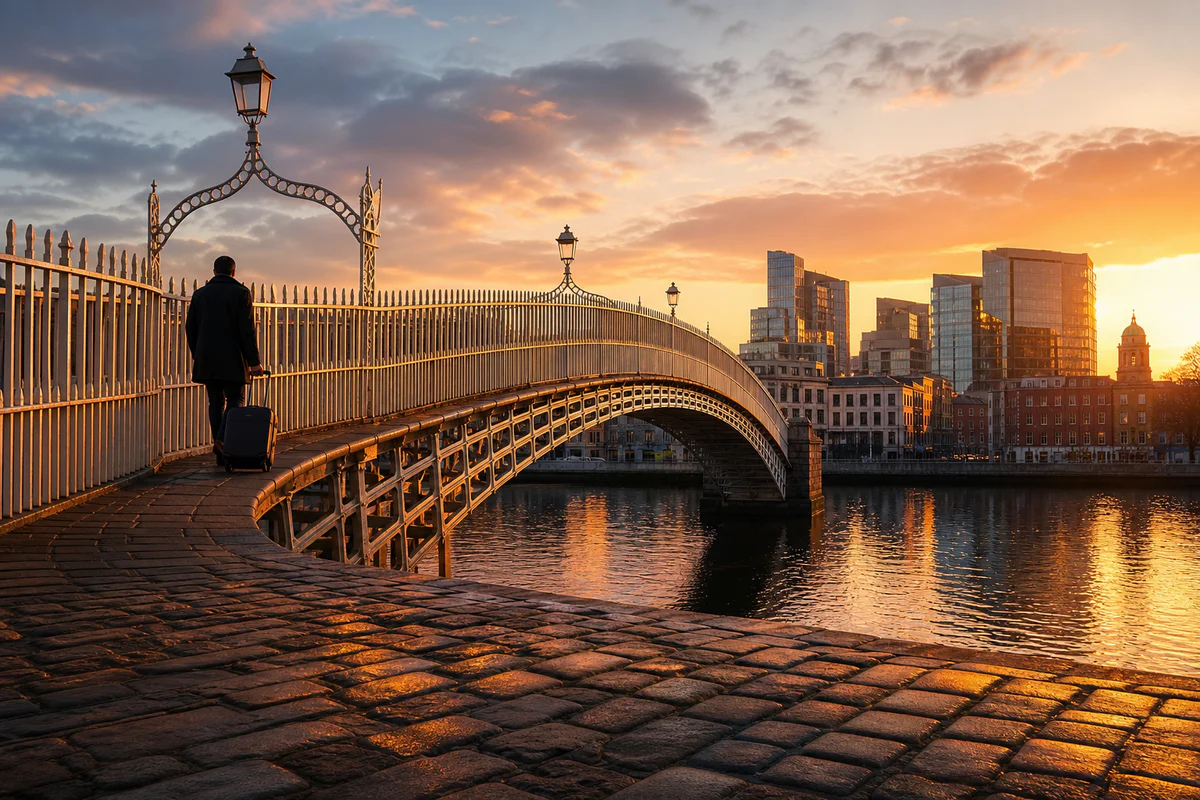 Vue cinématographique au coucher de soleil du Ha'penny Bridge à Dublin avec une silhouette traversant le pont avec une valise