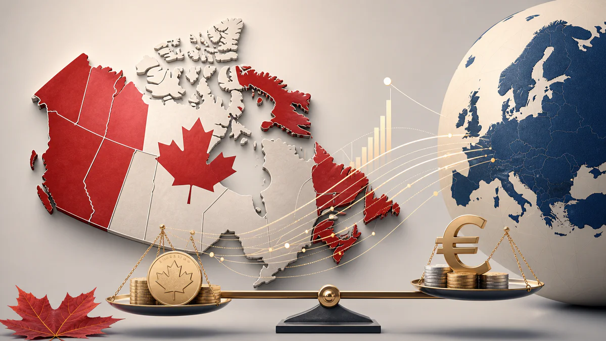Illustration of Canada divided into regions with abstract currency and financial elements symbolizing the conversion of Canad