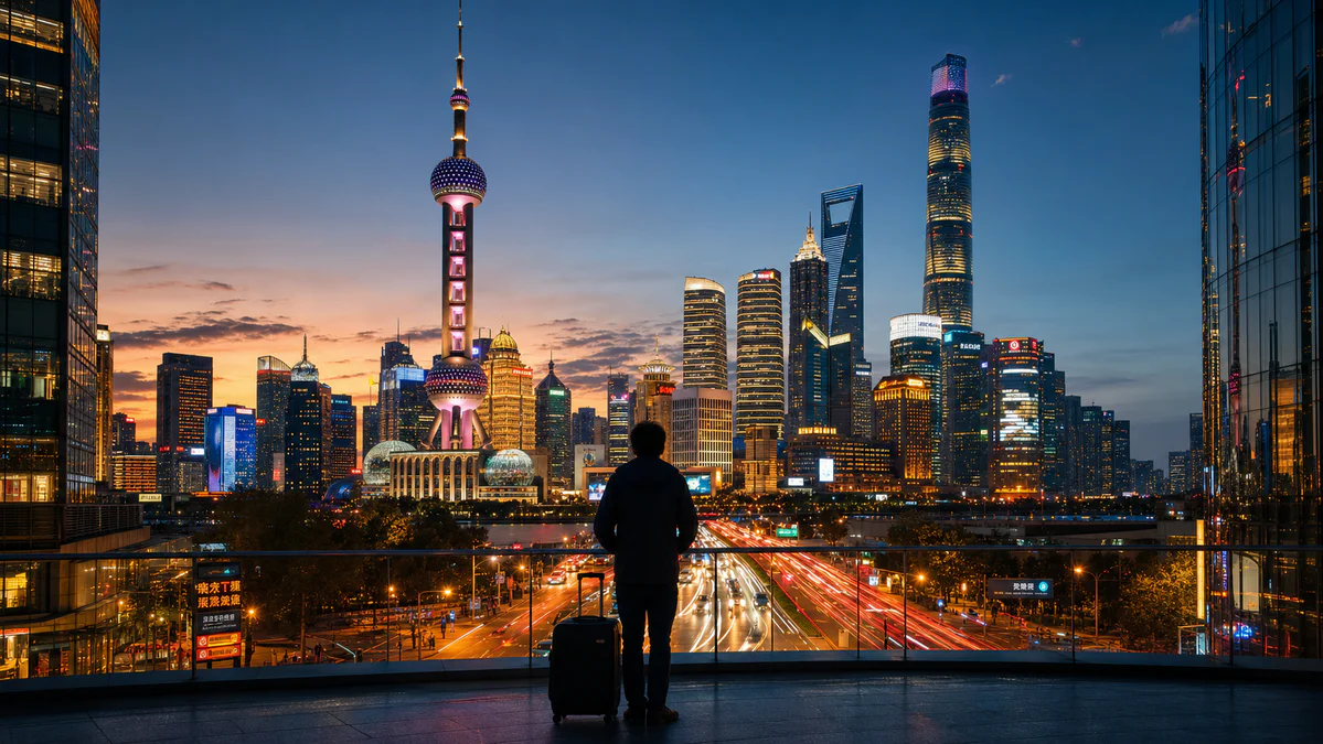 Vue panoramique de la skyline de Shanghai au crépuscule, avec une silhouette d'expatrié contemplant la ville depuis une terra
