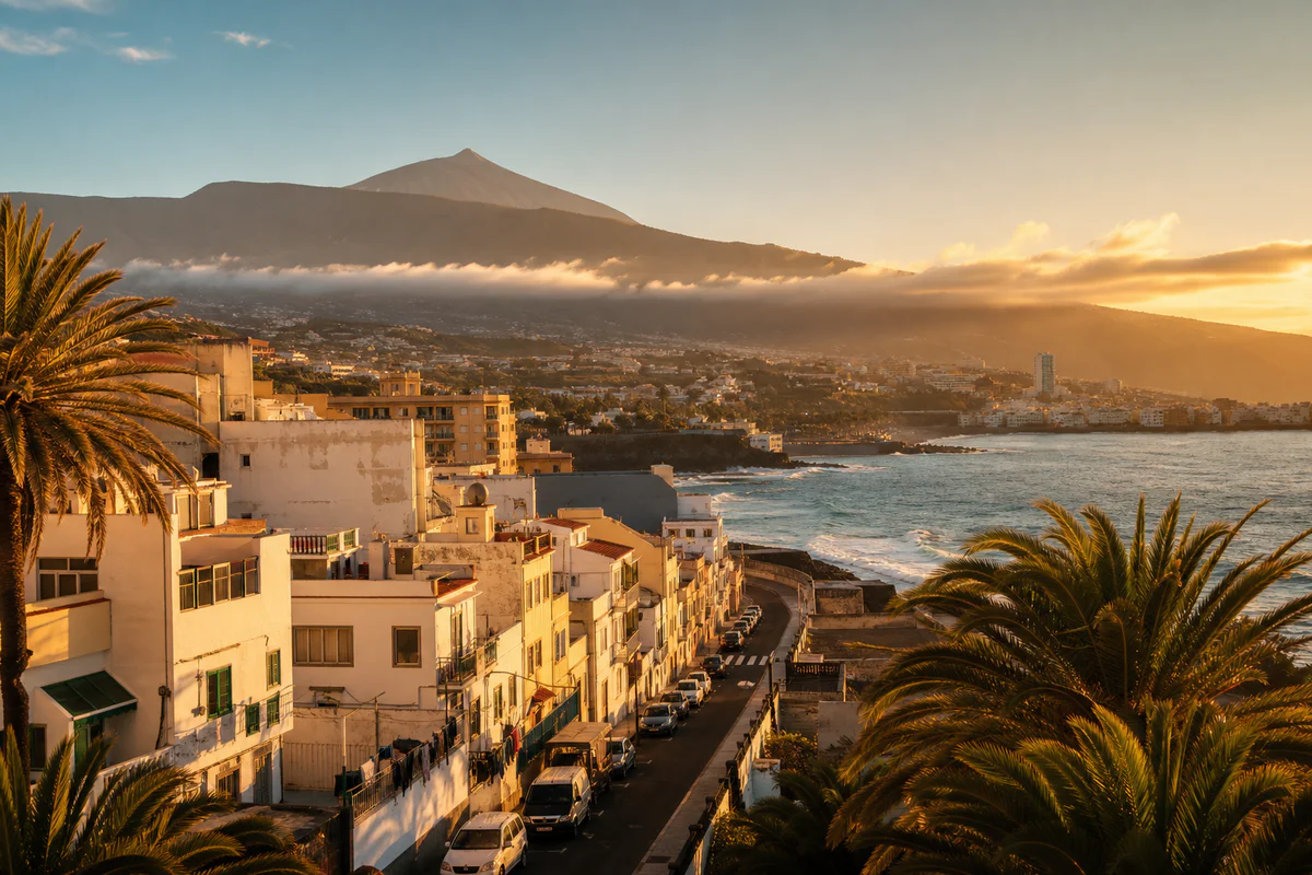 Vue panoramique de Tenerife au coucher de soleil avec le Teide en arrière-plan dépassant une mer de nuages et un quartier rés