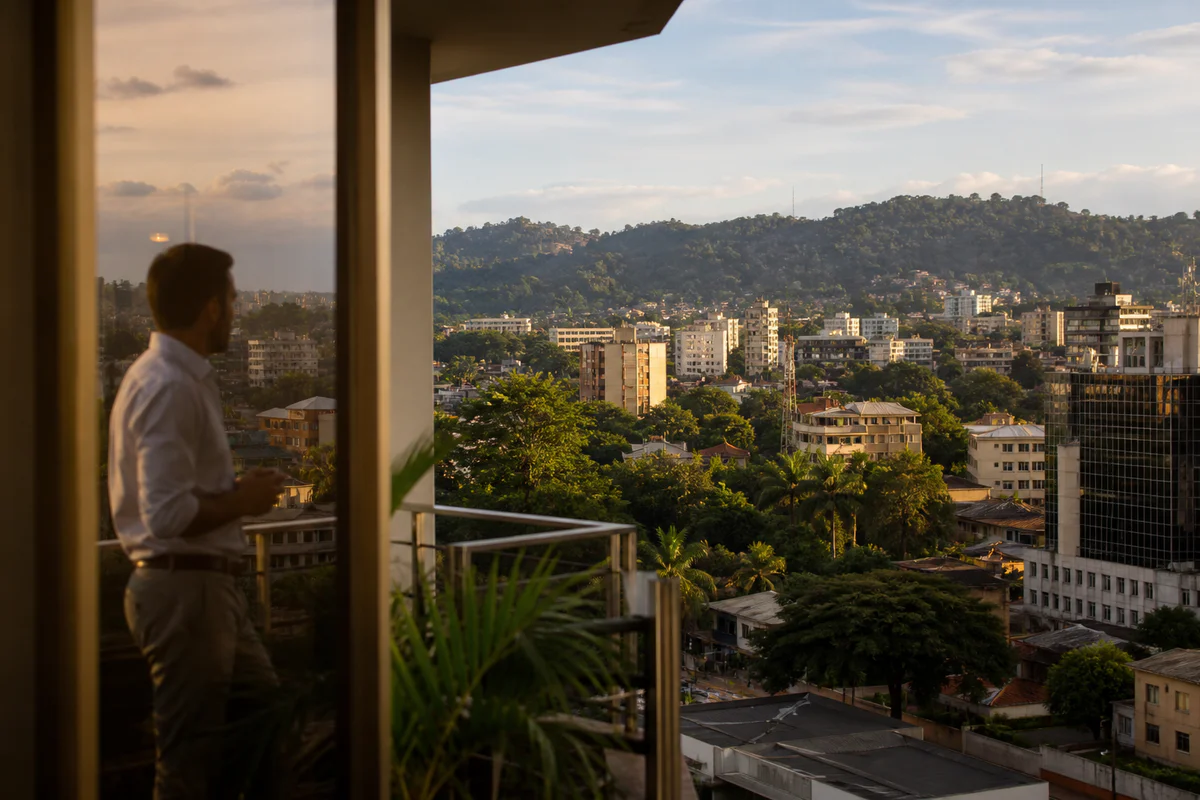 Vue éditoriale professionnelle de Yaoundé au Cameroun à l'heure dorée, montrant un mélange d'architecture urbaine moderne et