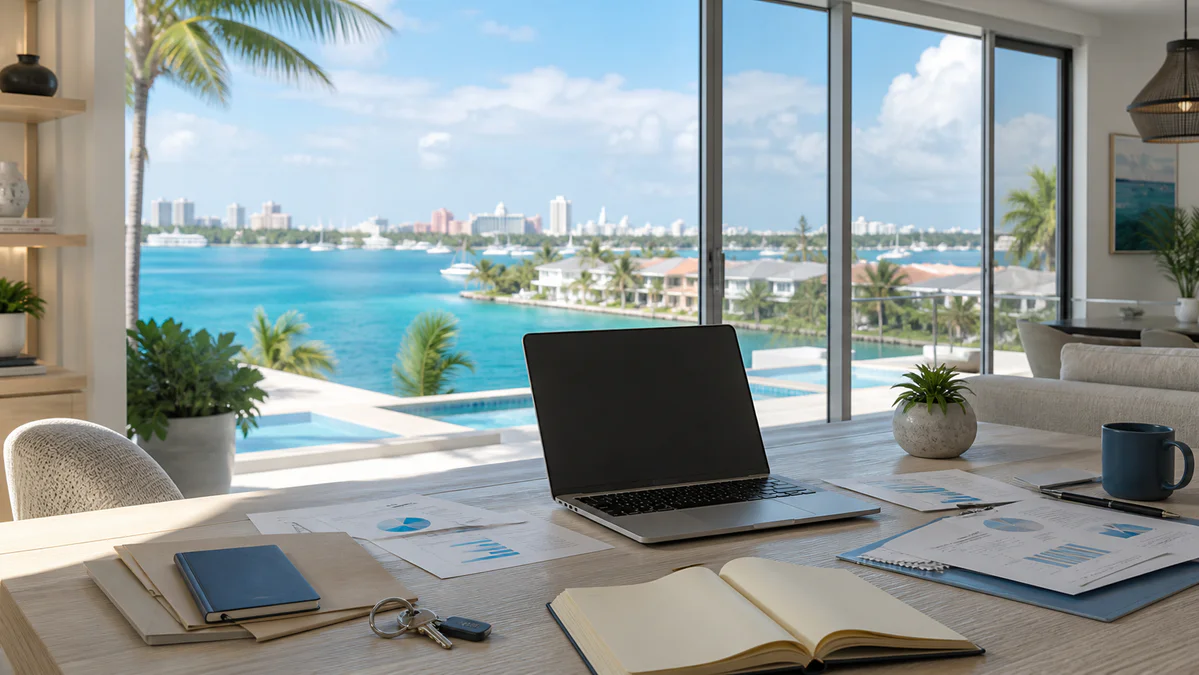 Modern home office overlooking the turquoise waters and residential shoreline of the Bahamas, symbolizing the planning involv