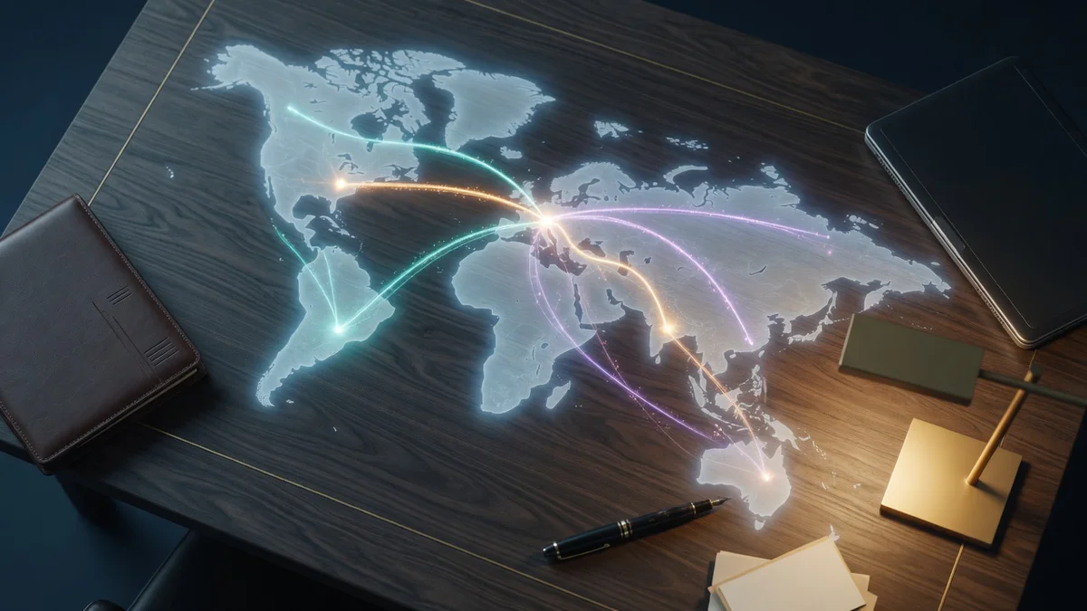 Vue aérienne stylisée d'un bureau exécutif moderne avec une carte du monde lumineuse projetée sur le bois, traversée par troi