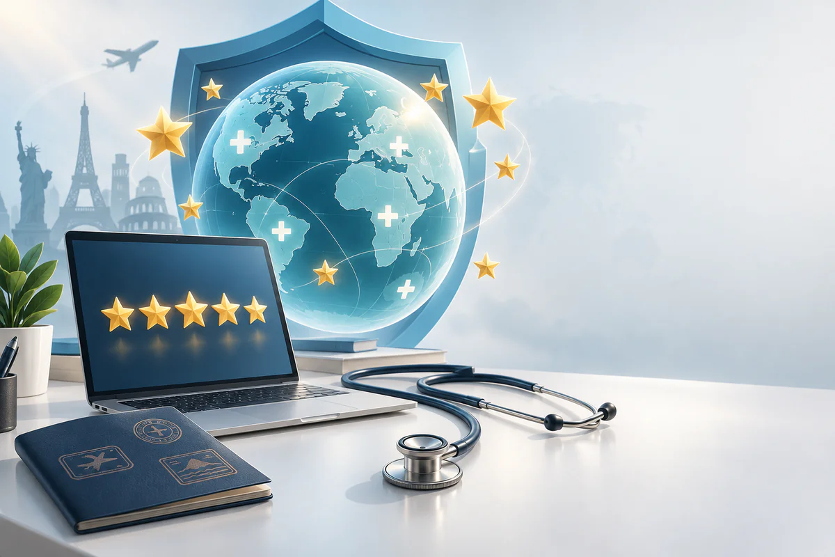 Professional illustration depicting international health insurance review concept with a globe, medical symbols, star ratings