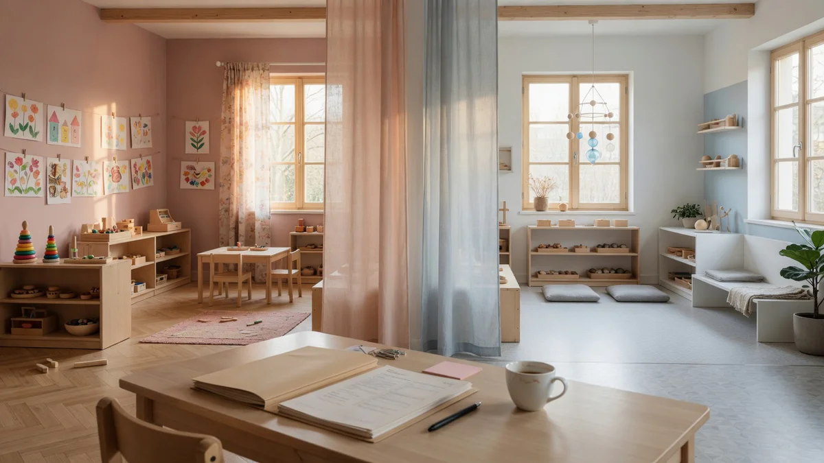 Conceptual editorial image showing a symbolic bridge between a French preschool setting on the left and a Swiss kindergarten