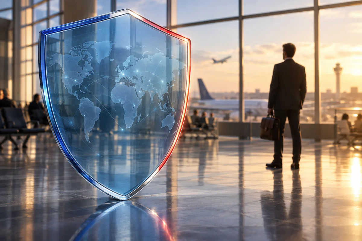Conceptual editorial photograph showing a translucent blue protective shield with a French tricolor accent in front of a soft