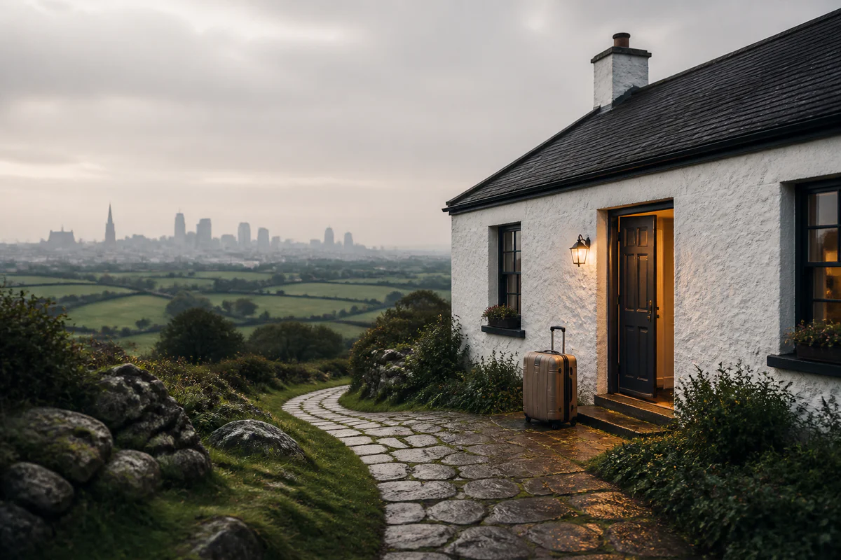 A modern Irish cottage on rolling green hills with a suitcase near the entrance, symbolizing the journey of expatriation to I