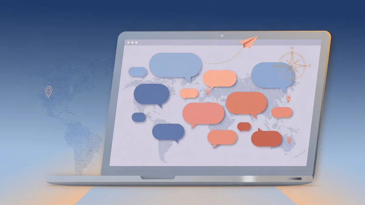 Modern digital illustration showing a laptop with abstract forum conversation bubbles forming a subtle world map pattern, acc