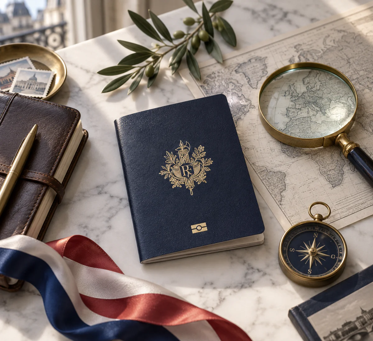 Flat-lay composition featuring a French passport, brass magnifying glass, vintage compass, and world map on a marble desk, sy