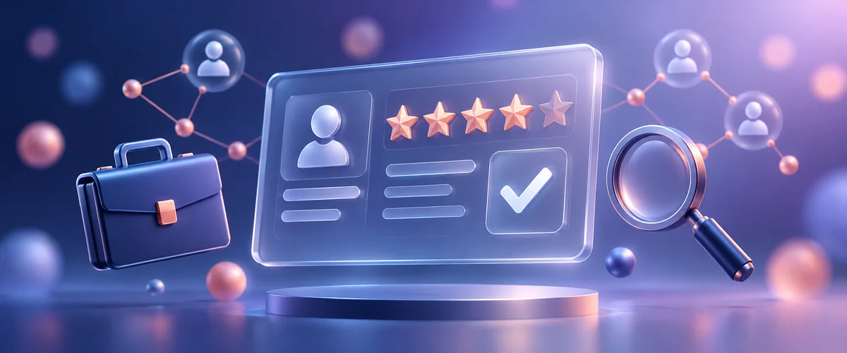 Abstract 3D illustration showing a translucent digital interface panel surrounded by floating geometric icons representing a