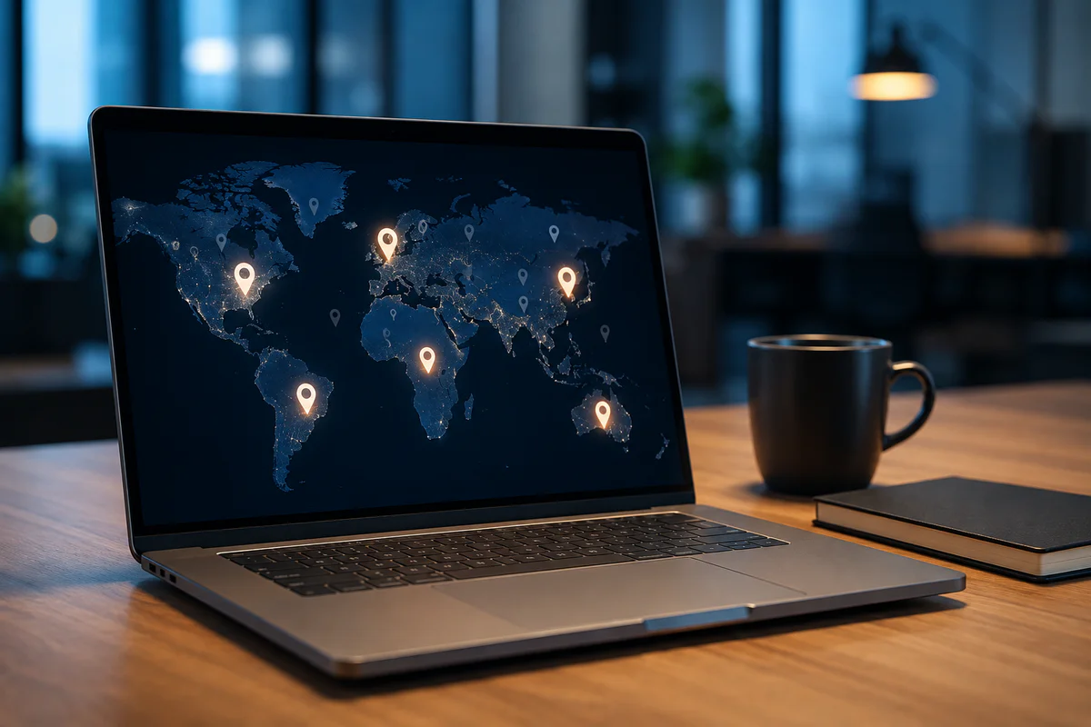 A modern professional workspace with a laptop displaying an illuminated world map with glowing location pins across different