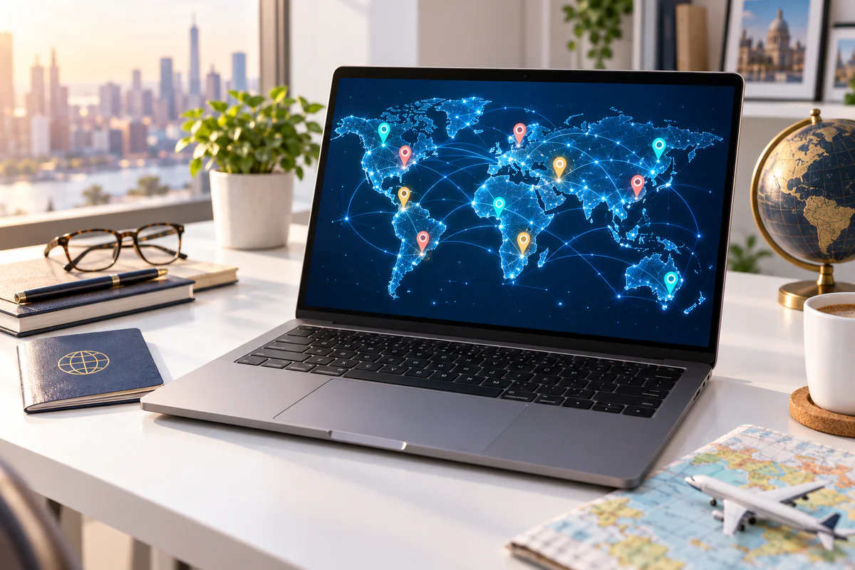 Modern professional workspace with a laptop displaying a stylized world map of interconnected nodes and international locatio