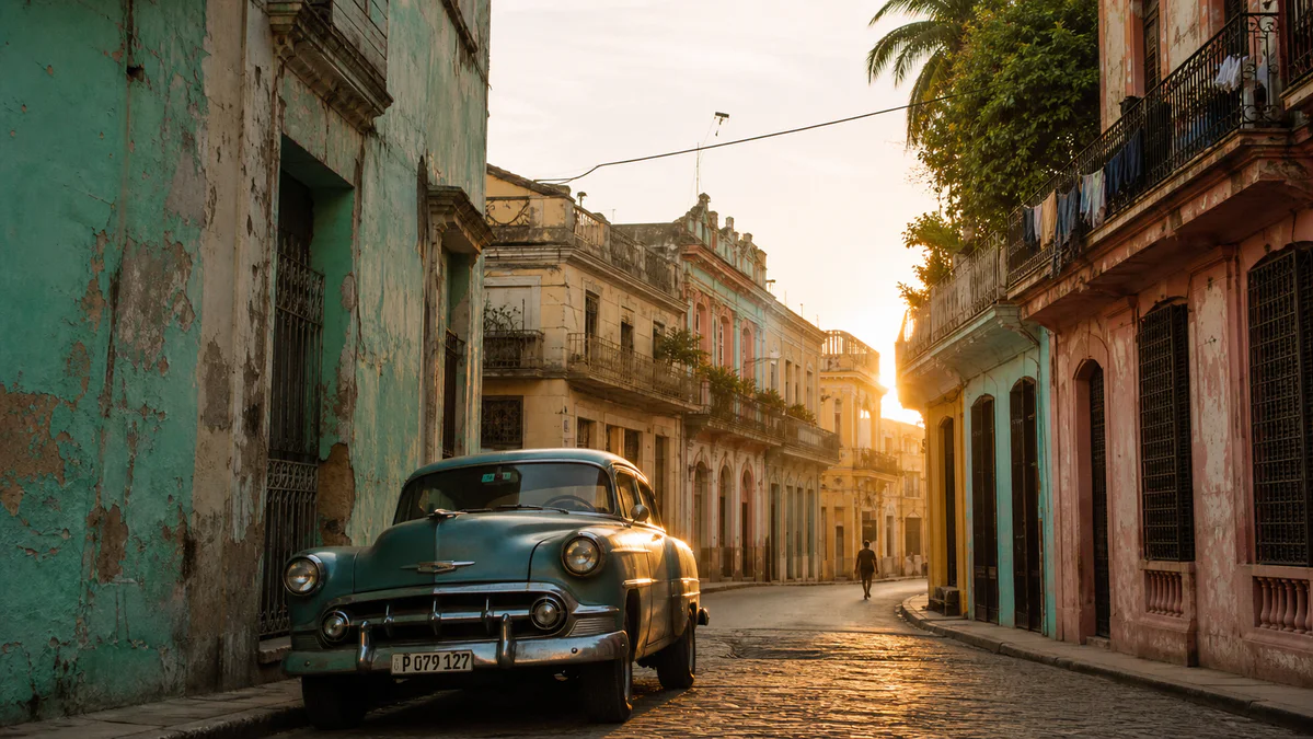 Vue authentique d'une rue de La Havane au coucher du soleil, avec des bâtiments coloniaux aux teintes passées, une voiture am