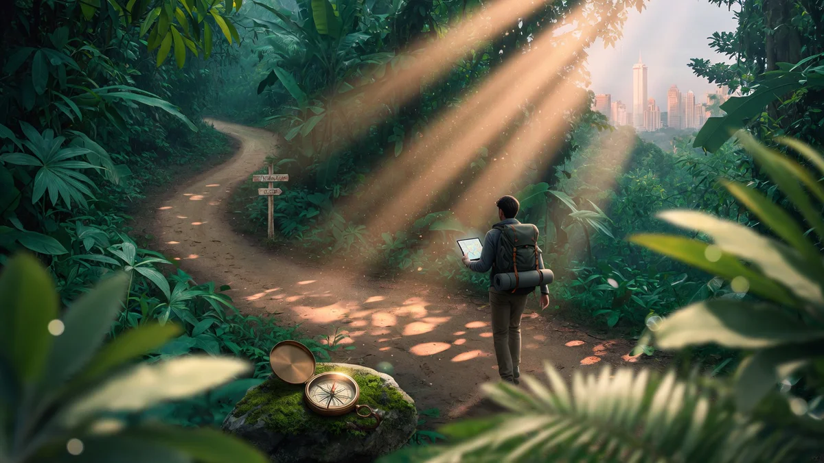 A stylized jungle path with dappled golden sunlight, where a professional figure with a tablet walks along a winding trail pa
