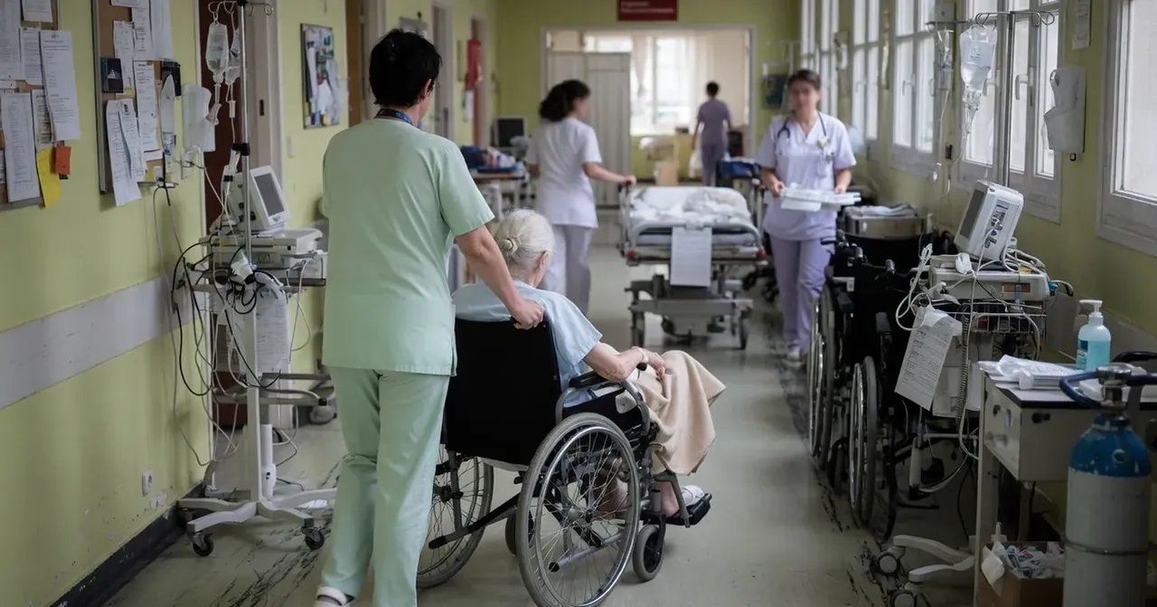 Aide-soignante poussant un patient âgé vers les soins