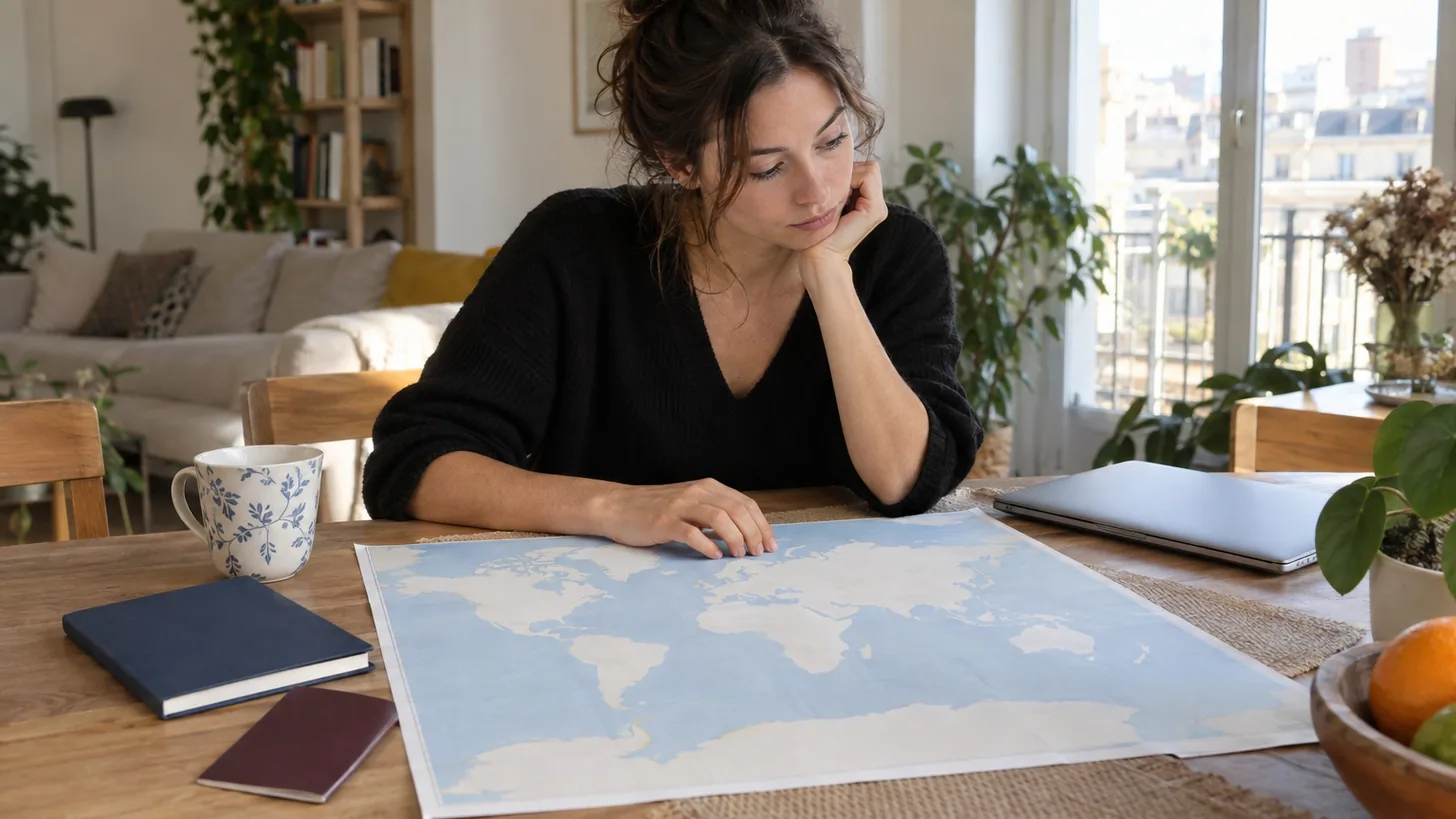 Une femme pensive prépare son expatriation devant une carte du monde vierge posée sur une table.